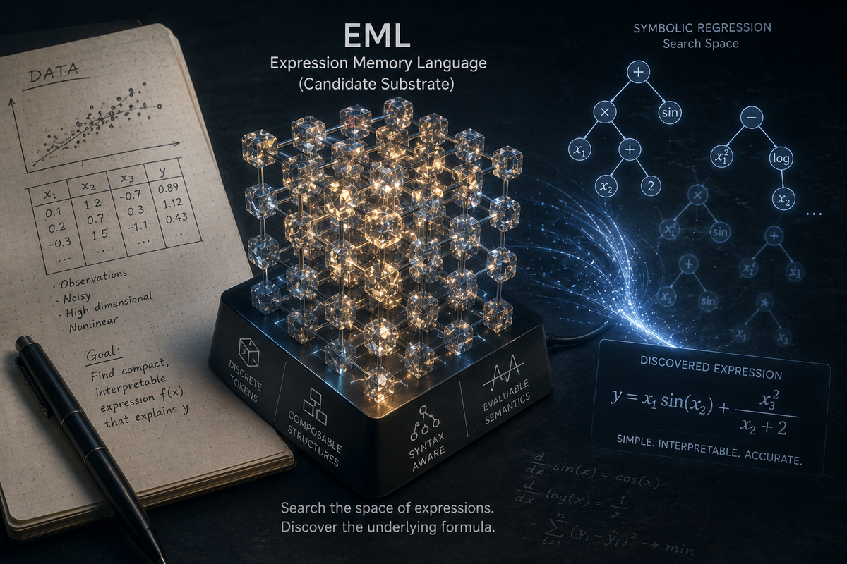 A glowing mathematical expression lattice transforming data into symbolic expression trees.
