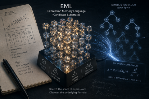 A glowing mathematical expression lattice transforming data into symbolic expression trees.