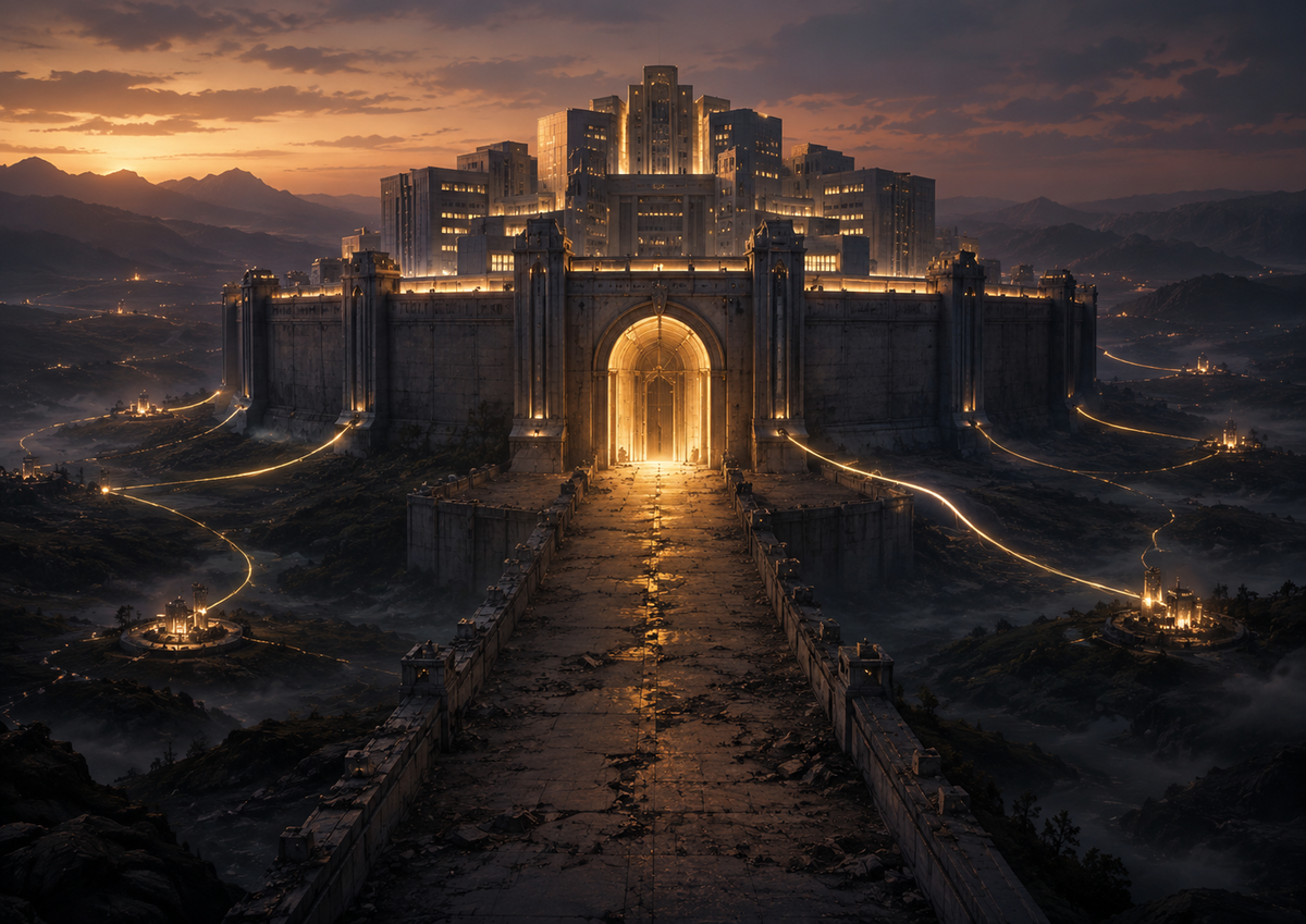 A monumental digital citadel with an illuminated but empty gate while streams of intent route around it.