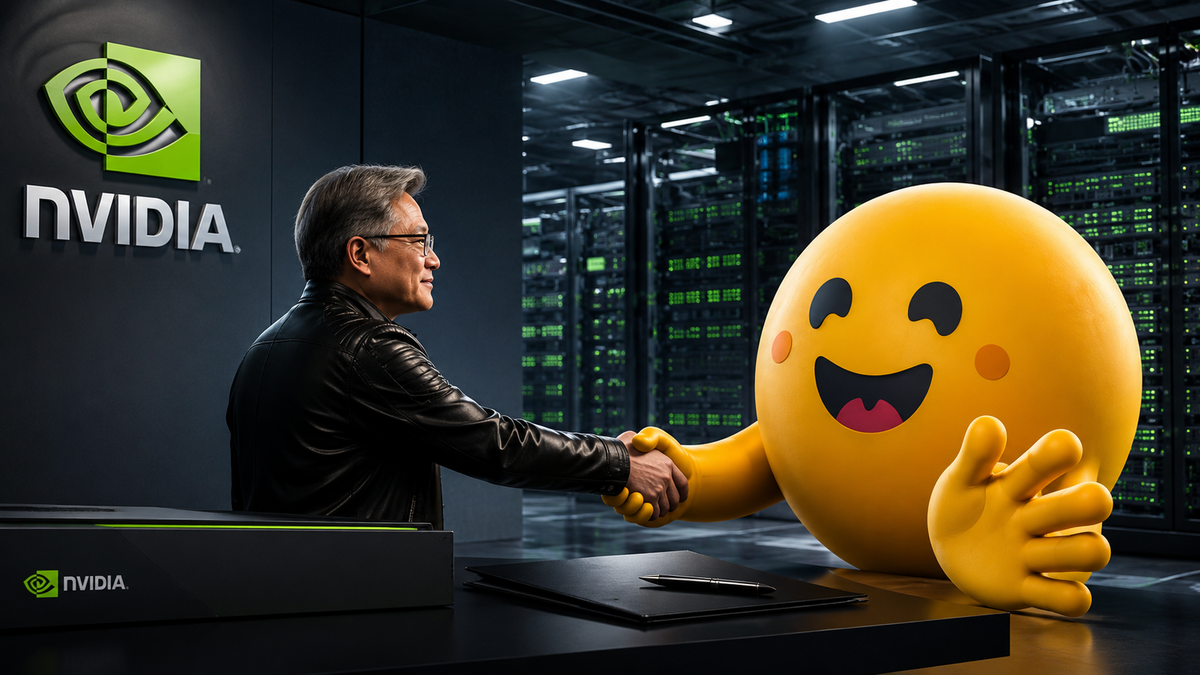 Nvidia CEO Jensen Huang shakes hands with the Hugging Face mascot inside a data center.