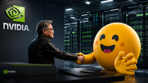 Nvidia CEO Jensen Huang shakes hands with the Hugging Face mascot inside a data center.