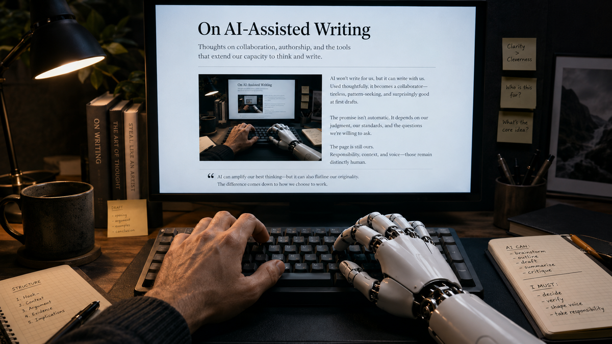 A human hand and a robotic hand type together on a keyboard while an article about AI-assisted writing is displayed on the screen.