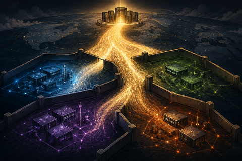 A global AI capability stream splitting into separate sovereign infrastructure systems.