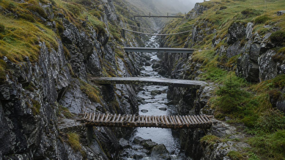 Five footbridges crossing the same narrow ravine at intervals, each built differently: lashed logs in the foreground, then a flat stone slab, a steel span, a rope bridge, and a timber plank walkway fading into mist. Wet grey rock, moss, a shallow stream running along the bottom.