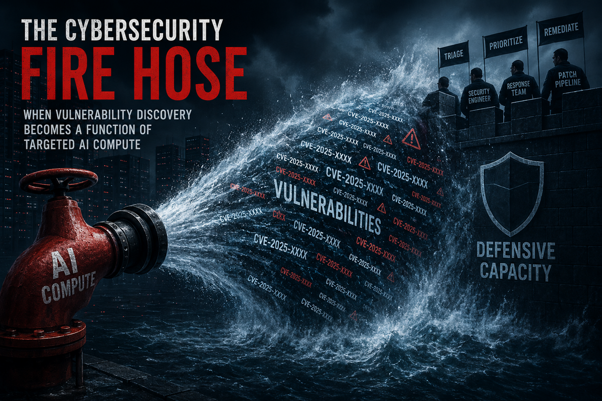 A massive fire hose blasting vulnerability reports toward a defensive wall staffed by security responders.