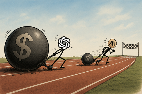 Two AI companies racing while dragging dollar-weighted balls and chains.