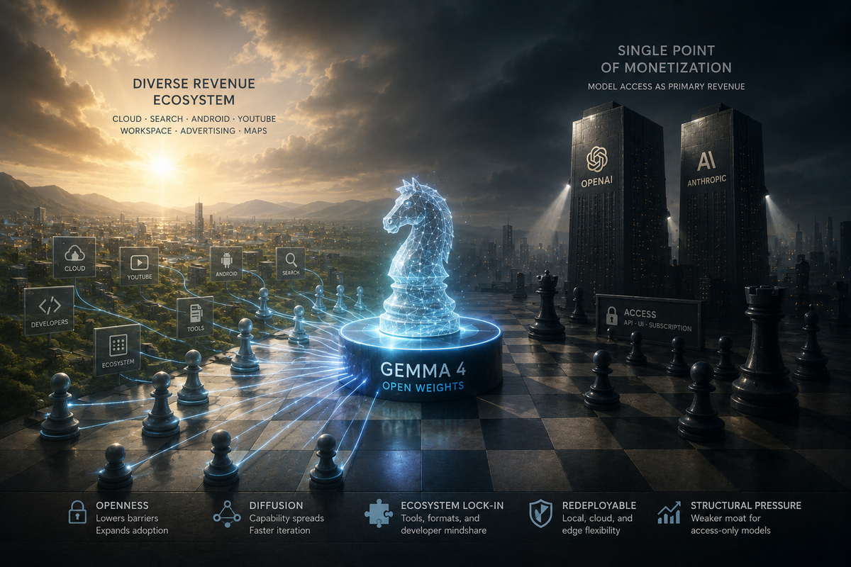 A glowing open-weight model piece on a strategic board applying pressure between diversified ecosystems and access-dependent model businesses.