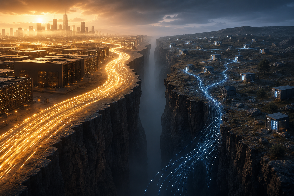 Two separated digital landscapes divided by a deep chasm, with abundant golden token flows on one side and thinner blue streams on the other.
